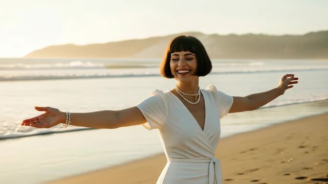 Joyful woman in white dress and pearls on beach at sunset