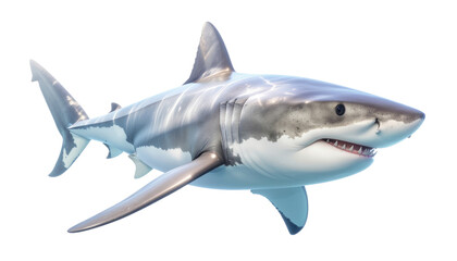 3D render of a great white shark swimming isolated on PNG transpaernt background. 