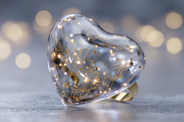 Floating crystal heart pendant with gold ring and glowing circuit trace lines on soft bokeh background