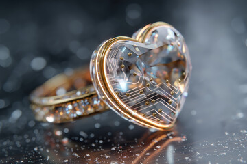 Floating crystal heart pendant with gold ring and glowing circuit trace lines on soft bokeh background