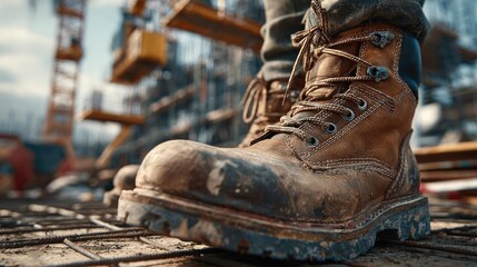 Close-up of steel-toe boots on active job site concept. Close-up of a worn construction boot on a building site.