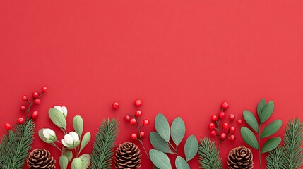 Obraz premium Evergreen branches red berries pine cones and white flowers on a solid bright red background