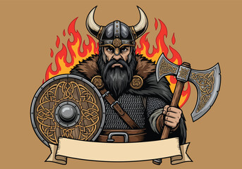 Powerful viking warrior holding axe and shield flames - Gaming logo - Gaming Mascot - esport mascot vector illustration