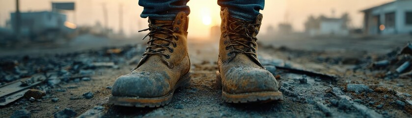 Close-up of steel-toe boots on active job site concept. Worker's boots at sunrise on a construction site.