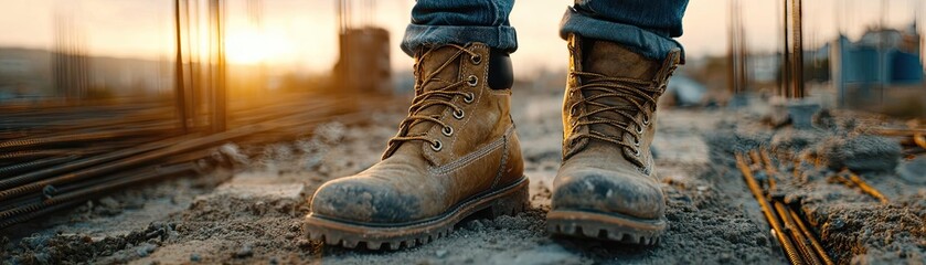 Close-up of steel-toe boots on active job site concept. Close-up of sturdy work boots on a construction site at sunset.