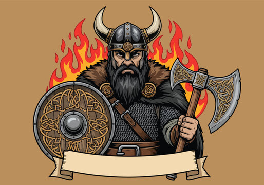 Powerful viking warrior holding axe and shield flames - Gaming logo - Gaming Mascot - esport mascot vector illustration