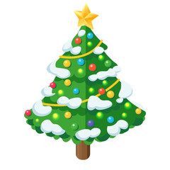 Isometric Christmas tree with snow, colorful lights, and golden star. Isolated on white background. Illustration.