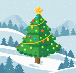Isometric Christmas tree with glowing lights and golden star in winter landscape. Snowy hills and pine forest background. Illustration.