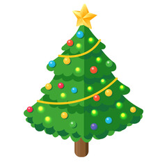 Isometric Christmas tree with glowing lights and golden star. Isolated on white background. Illustration.