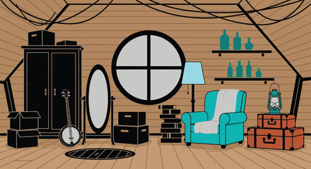 Attic interior design with furniture and storage cartoon illustration