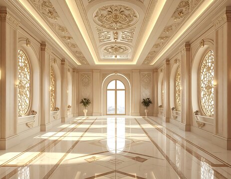 Sunlit grand hall with ornate ceiling, marble floor, and arched windows