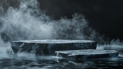 Dark, moody scene with two stone platforms on water, surrounded by fog and smoke