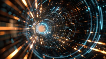 Abstract digital tunnel with glowing lines and particles