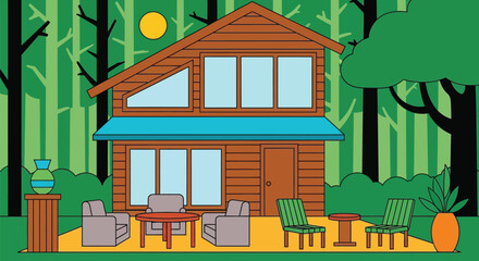 Illustration of cabin in woods with outdoor furniture and sunlight