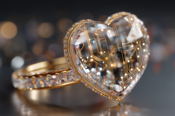 Floating crystal heart pendant with gold ring and glowing circuit trace lines on soft bokeh background