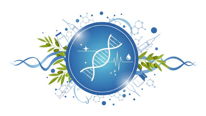 Scientific Diabetes Concept Art with Molecular Outlines and Blue Ribbons Diabetes Awareness DNA Badge with Medical Icons in Blue Vector Art