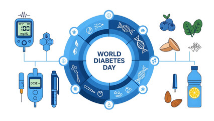 World Diabetes Day Awareness Vector Art with Healthy Lifestyle Icons Diabetes Management Concept Art with Glucose Meter, Insulin Pen, and Superfoods 