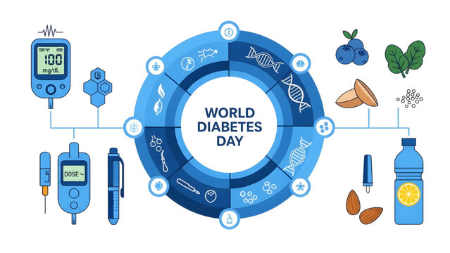 World Diabetes Day Awareness Vector Art with Healthy Lifestyle Icons Diabetes Management Concept Art with Glucose Meter, Insulin Pen, and Superfoods