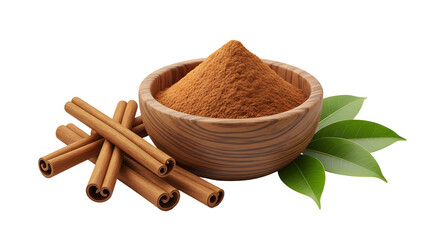 Ground cinnamon in wooden bowl with cinnamon sticks and green leaves isolated PNG