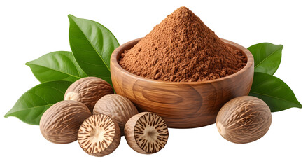 Ground nutmeg in a bowl with whole nutmeg seeds and green leaves isolated transparent PNG