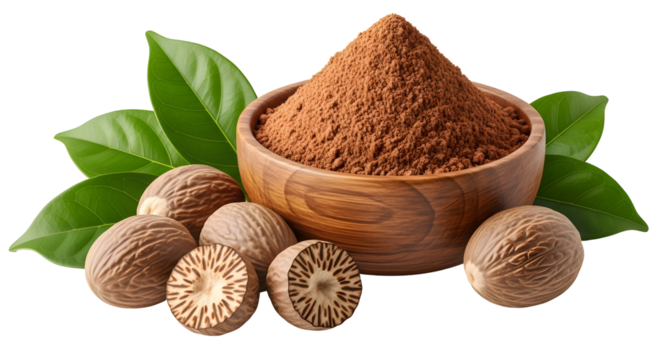 Ground nutmeg in a bowl with whole nutmeg seeds and green leaves isolated transparent PNG - Powered by Adobe