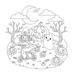 Fototapeta premium Cute halloween scene with ghosts and pumpkins isolated on white background