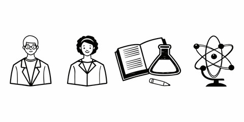 Illustration of scientists, book, beaker, pencil, and atom model representing scientific study