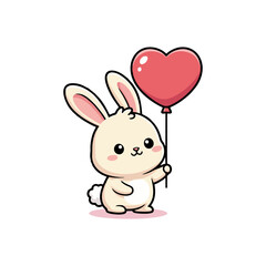 A cute cartoon bunny holding a red heart-shaped balloon, standing upright with a cheerful smile. The bunny has soft beige fur, a white belly and tail, and pink cheeks and ears. This charming illustrat