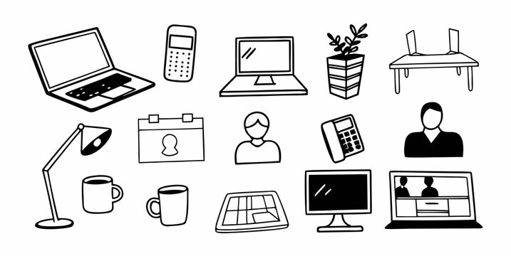 Illustration of office and work from home items including laptops and desk accessories displayed neatly