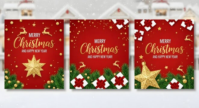 Three merry christmas greeting cards with festive decorations