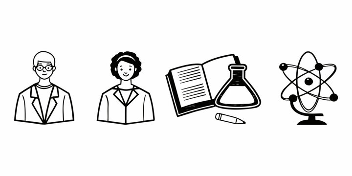 Illustration of scientists, book, beaker, pencil, and atom model representing scientific study