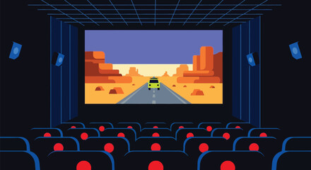 Movie theater showing car driving through desert landscape cartoon
