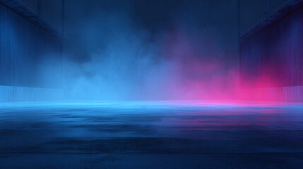 Indoor concrete floor and walls with blue and pink smoke illuminated with neon colored lighting