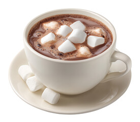 Hot chocolate drink with mini marshmallows in white cup on saucer, isolated on transparent background