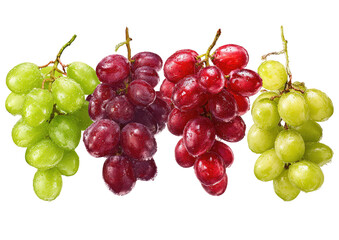 Fototapeta premium Four vibrant bunches of grapes green, red, and purplish hues, isolated on black