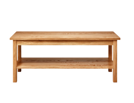 Rectangular wooden coffee table, light oak finish, with lower shelf, set against a black backdrop