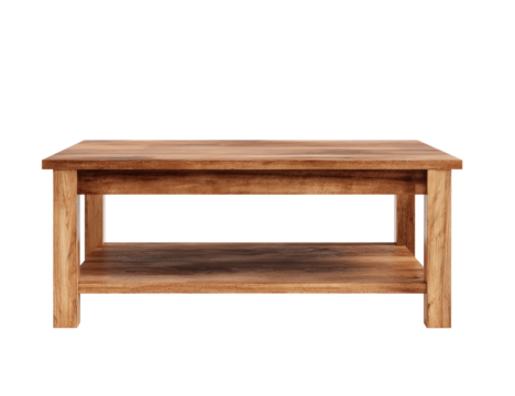A rectangular, wooden coffee table with a lower shelf, isolated against a stark black background