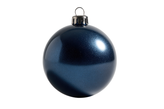 A glossy navy blue ornament with a silver cap, isolated against a pure black backdrop