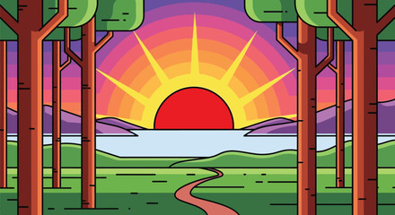 Vector illustration of nature landscape with sun trees and water