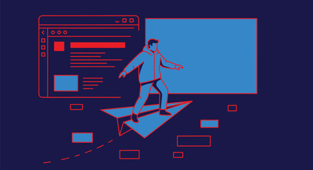 Concept of business growth and success man flying on paper airplane