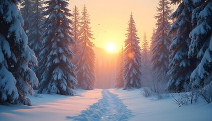 Snow-covered pine forest with golden sunrise and falling snowflakes