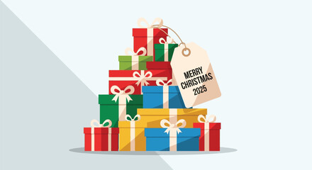 Holiday Cheer: Stacked Christmas Gifts with 2025 Merry Christmas Tag
