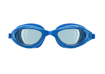 Close-up of blue swimming goggles with light reflecting in the lenses, isolated on black