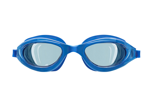 Close-up of blue swimming goggles with light reflecting in the lenses, isolated on black