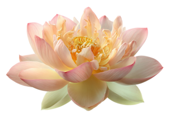 Close-up of a blooming, layered aquatic flower with soft pink and yellow hues