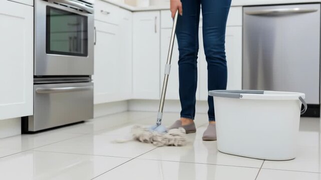 Person mopping a spotless kitchen floor with a white bucket and mop