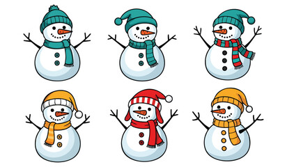 Festive cartoon snowmen bring winter holiday cheer with colorful hats and scarves, perfect for seasonal designs and joyful Christmas themes