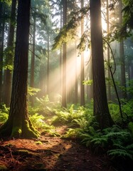 Naklejka premium A sunlit path winds through a towering forest, with light beams piercing the canopy. Lush ferns and moss adorn the ground