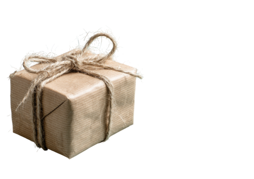 Small wrapped gift, tied with twine, against black background, perfect for presentations