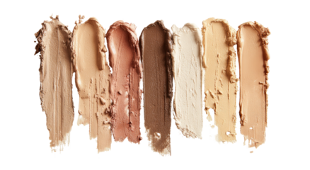 Swatches of cosmetic products in varying shades, smeared vertically against a black background
